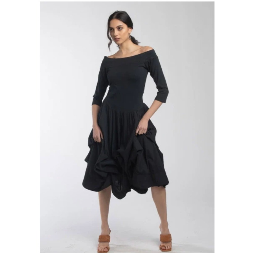 Luna Luz Belleza Dress S Black Off Shoulder Bubble Hem Lagenlook Cotton